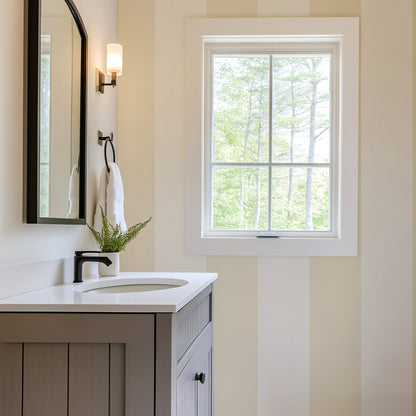 Buttercream & Warm Ivory – Extra-Wide Stripe Wallpaper styled in a bathroom