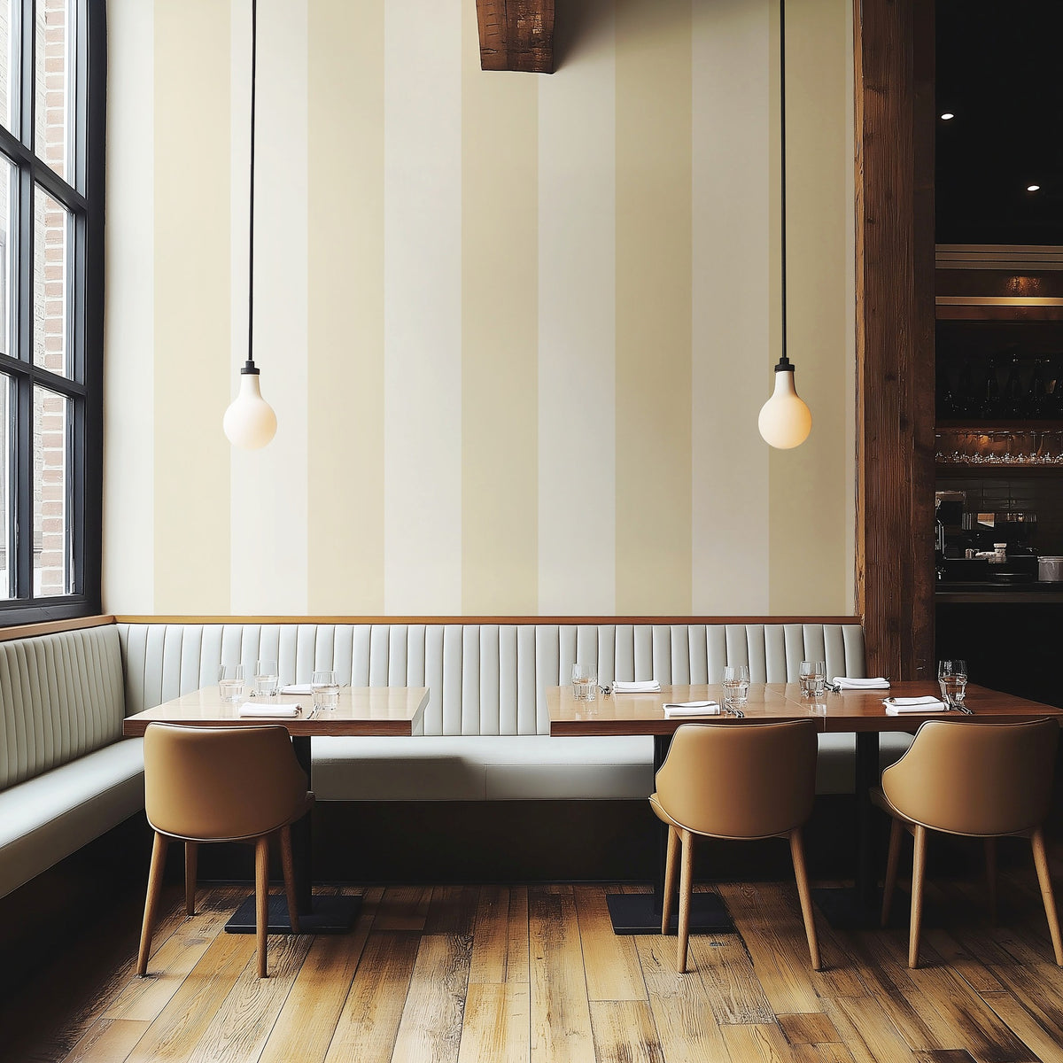 Buttercream & Warm Ivory – Extra-Wide Stripe Wallpaper styled in a boutique hotel and hospitality space