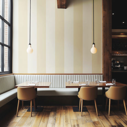 Buttercream & Warm Ivory – Extra-Wide Stripe Wallpaper styled in a boutique hotel and hospitality space