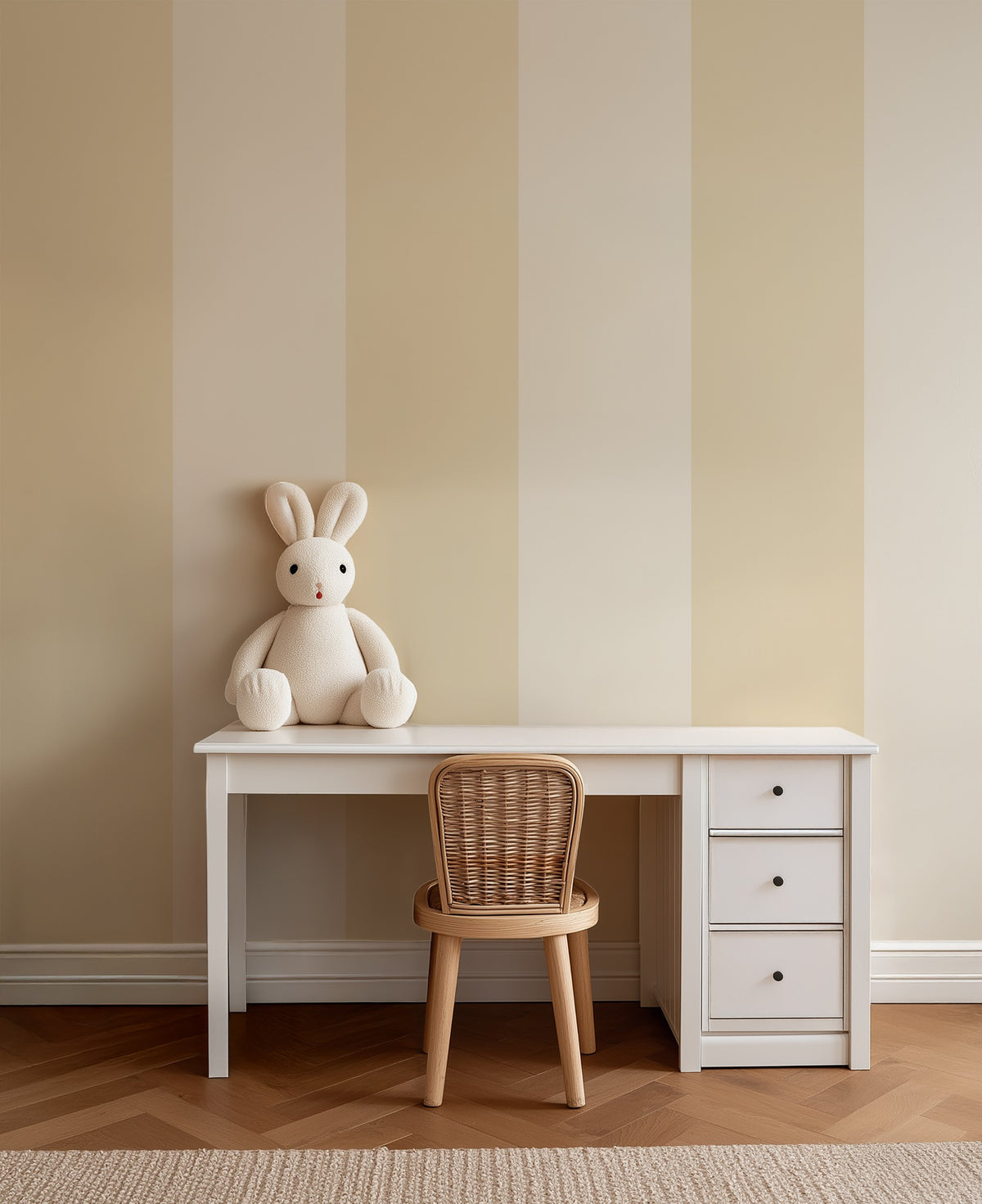 Buttercream & Warm Ivory – Extra-Wide Stripe Wallpaper styled in a kids' room and nursery