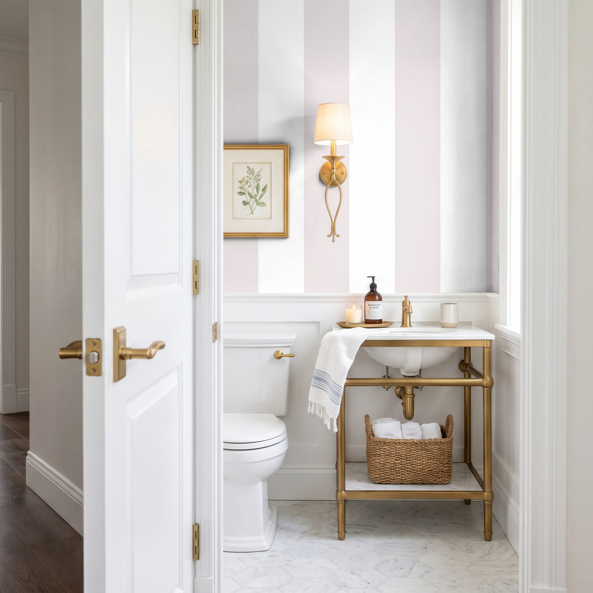 Cloud & Mauve – Extra-Wide Stripe Wallpaper styled in a bathroom