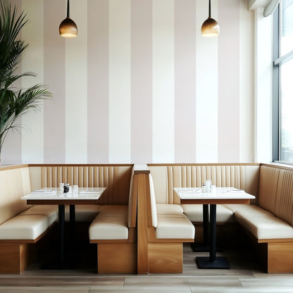 Cloud & Mauve – Extra-Wide Stripe Wallpaper styled in a boutique hotel and hospitality space