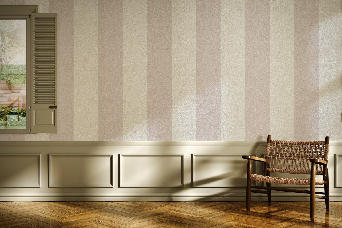 Cloud & Mauve – Extra-Wide Stripe Wallpaper styled in a living room