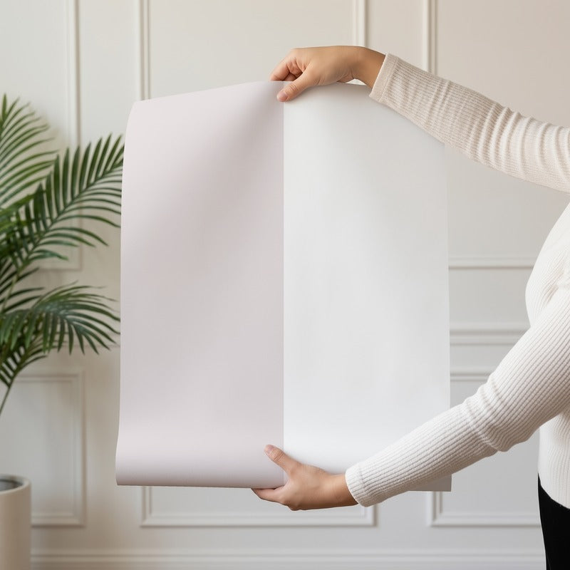 Extra-Wide Stripe Wallpaper roll in Cloud & Mauve – statement, extra-wide stripes on a mauve ground