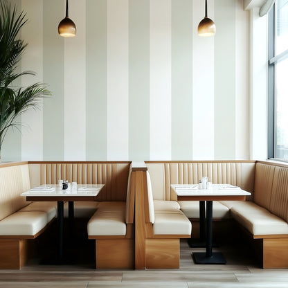 Cloud & Pale Sage – Extra-Wide Stripe Wallpaper styled in a boutique hotel and hospitality space