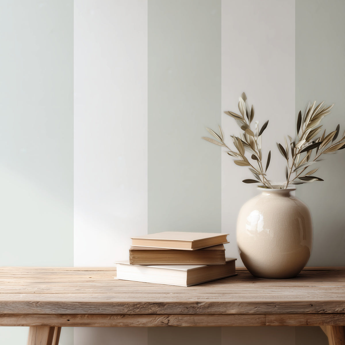 Cloud & Pale Sage – Extra-Wide Stripe Wallpaper styled in a hallway and home office