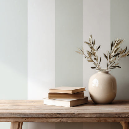 Cloud & Pale Sage – Extra-Wide Stripe Wallpaper styled in a hallway and home office