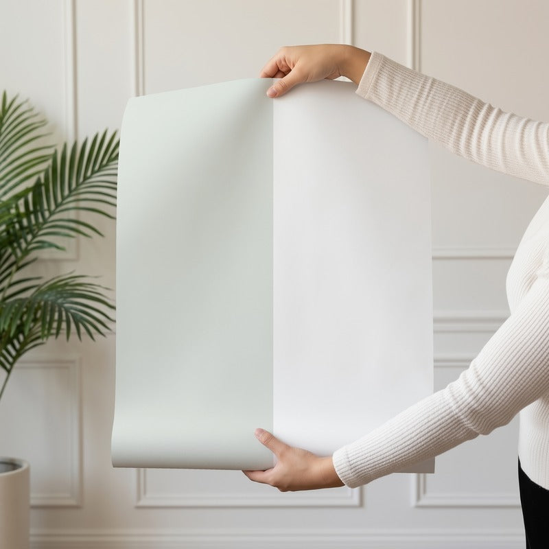 Extra-Wide Stripe Wallpaper roll in Cloud & Pale Sage – statement, extra-wide stripes on a pale sage ground