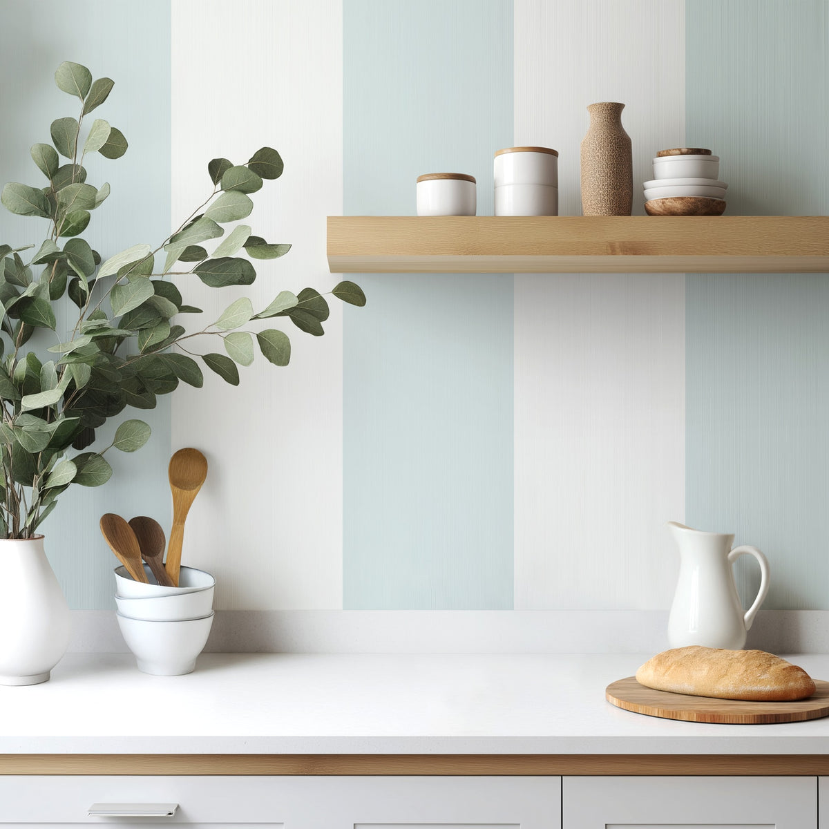 Cloud & Powder Blue – Extra-Wide Stripe Wallpaper styled in a kitchen and dining room