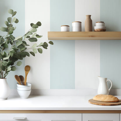 Cloud & Powder Blue – Extra-Wide Stripe Wallpaper styled in a kitchen and dining room