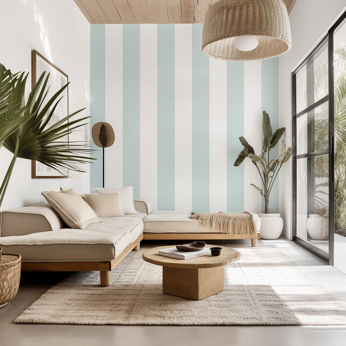 Cloud & Powder Blue – Extra-Wide Stripe Wallpaper styled in a living room