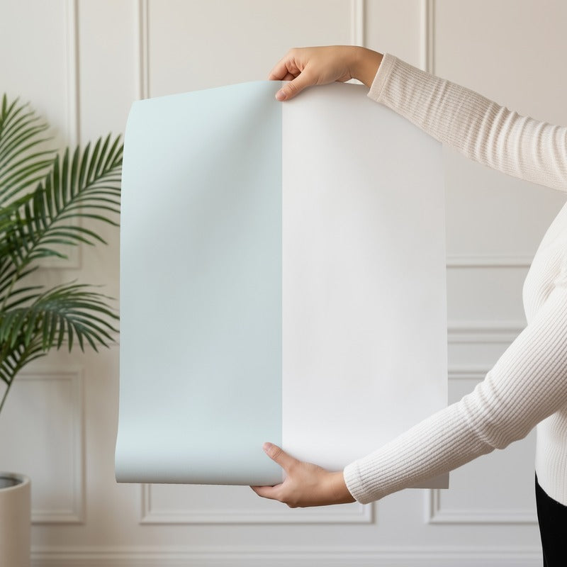 Extra-Wide Stripe Wallpaper roll in Cloud & Powder Blue – statement, extra-wide stripes on a powder blue ground