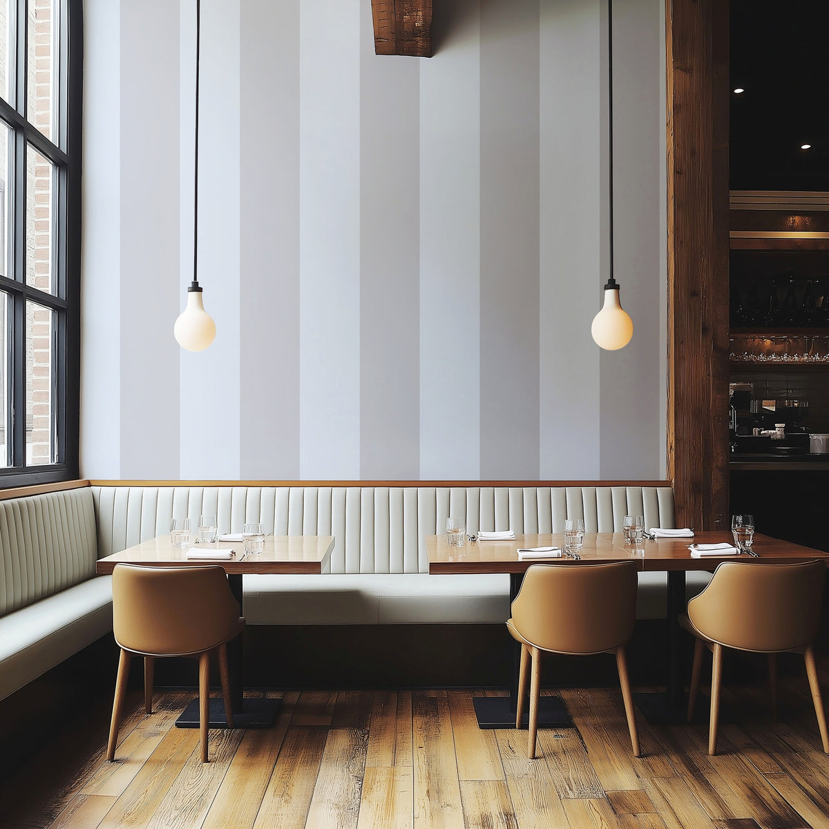 Dove Grey & Powder Blue – Extra-Wide Stripe Wallpaper styled in a boutique hotel and hospitality space