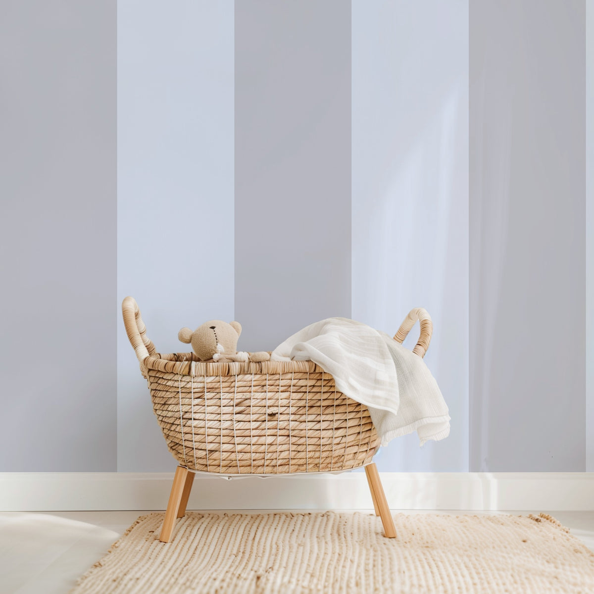 Dove Grey & Powder Blue – Extra-Wide Stripe Wallpaper styled in a kids' room and nursery