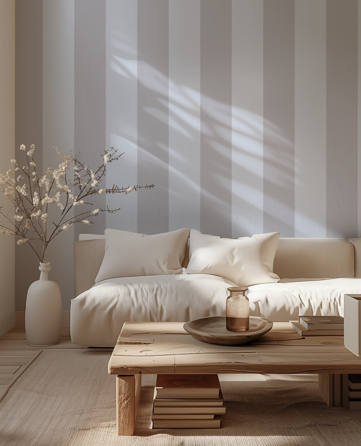 Dove Grey & Powder Blue – Extra-Wide Stripe Wallpaper styled in a living room