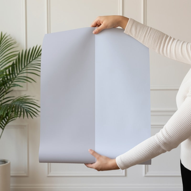 Extra-Wide Stripe Wallpaper roll in Dove Grey & Powder Blue – statement, extra-wide stripes on a powder blue ground