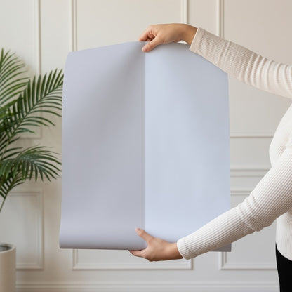 Extra-Wide Stripe Wallpaper roll in Dove Grey & Powder Blue – statement, extra-wide stripes on a powder blue ground