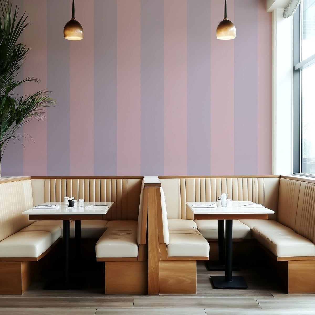 Dusty Lilac & Mauve Rose – Extra-Wide Stripe Wallpaper styled in a boutique hotel and hospitality space