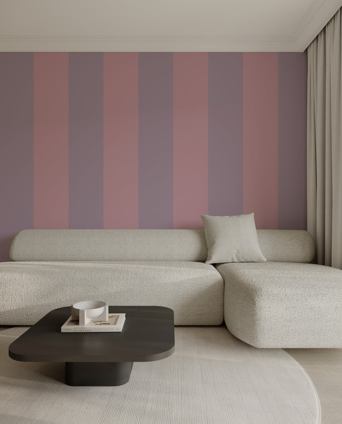 Dusty Lilac & Mauve Rose – Extra-Wide Stripe Wallpaper styled in a living room