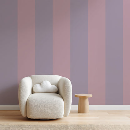 Dusty Lilac & Mauve Rose – Extra-Wide Stripe Wallpaper styled in a hallway and home office