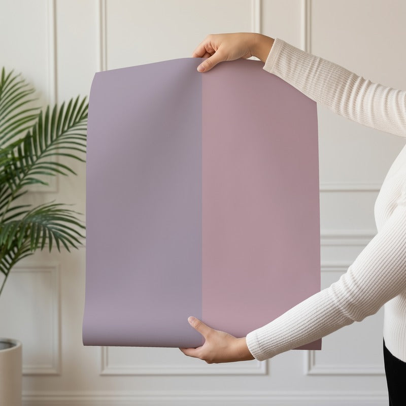 Extra-Wide Stripe Wallpaper roll in Dusty Lilac & Mauve Rose – statement, extra-wide stripes on a mauve rose ground