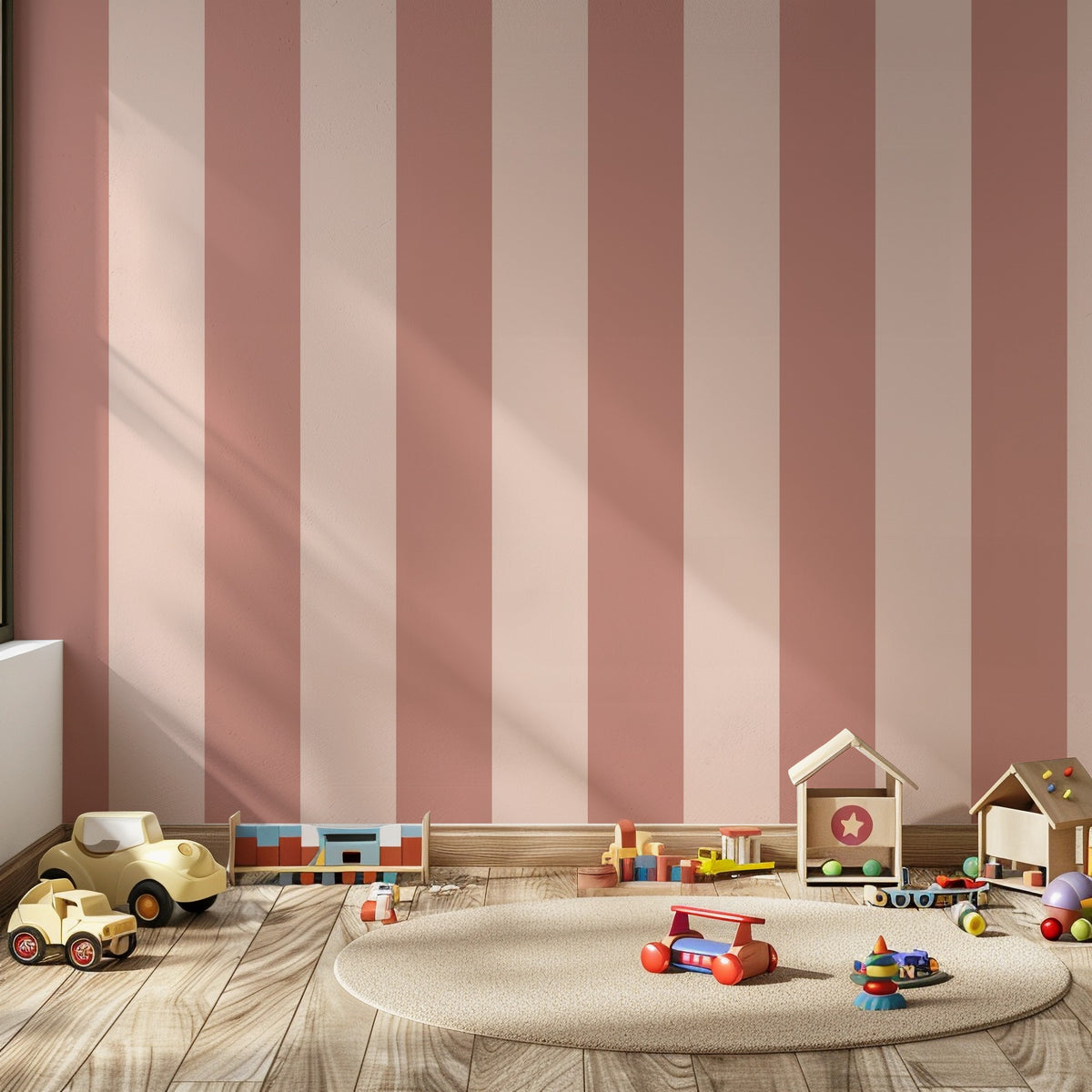 Dusty Rose & Apricot Blush – Extra-Wide Stripe Wallpaper styled in a kids' room and nursery