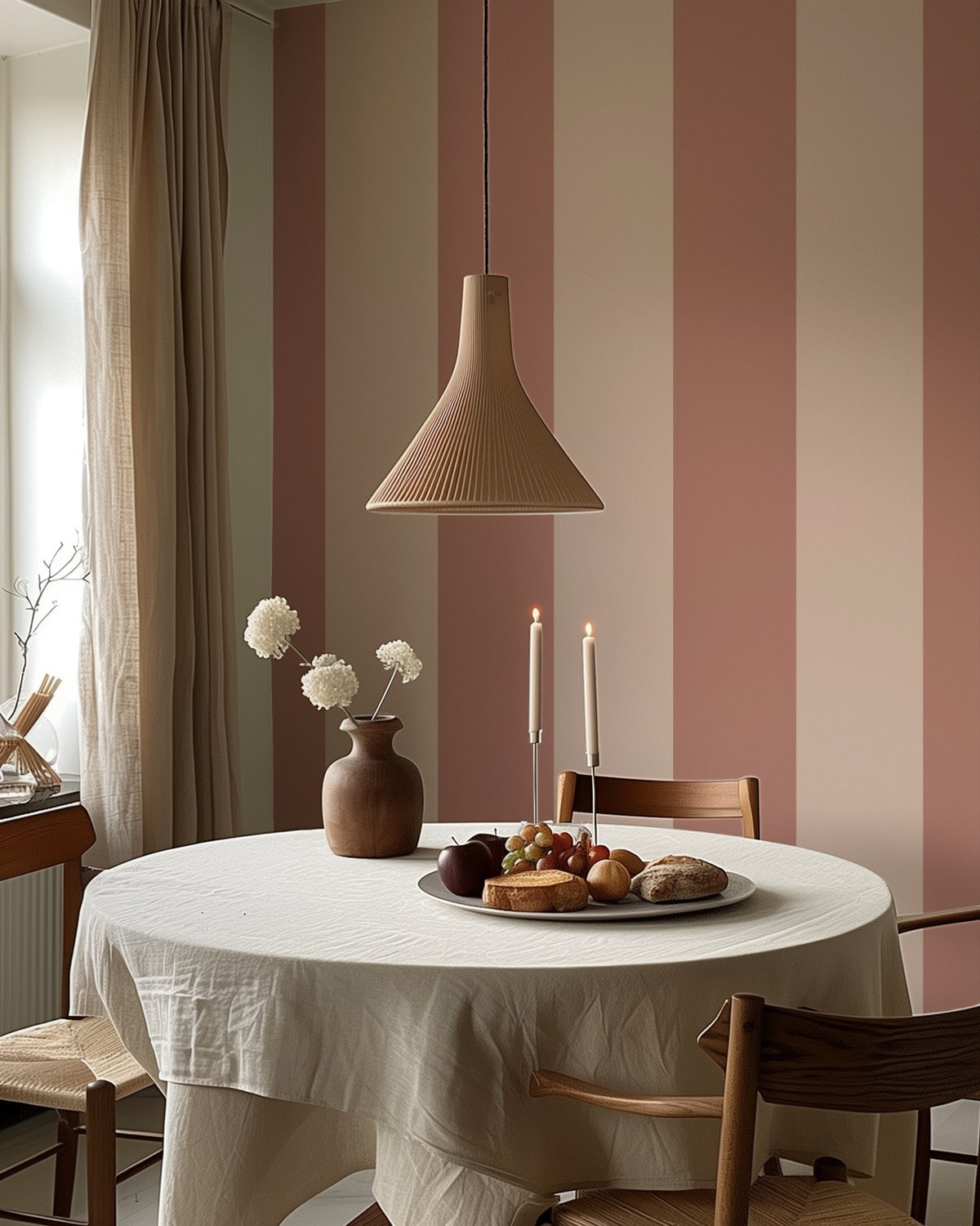 Dusty Rose & Apricot Blush – Extra-Wide Stripe Wallpaper styled in a kitchen and dining room