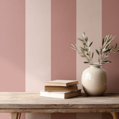 Dusty Rose & Apricot Blush – Extra-Wide Stripe Wallpaper styled in a hallway and home office