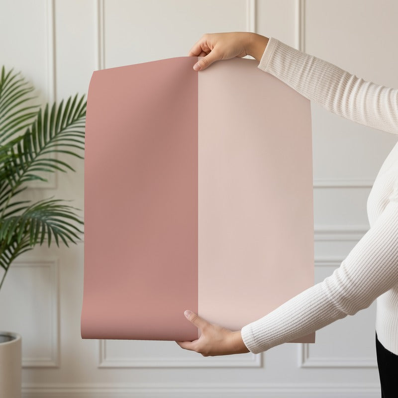 Extra-Wide Stripe Wallpaper roll in Dusty Rose & Apricot Blush – statement, extra-wide stripes on an apricot blush ground