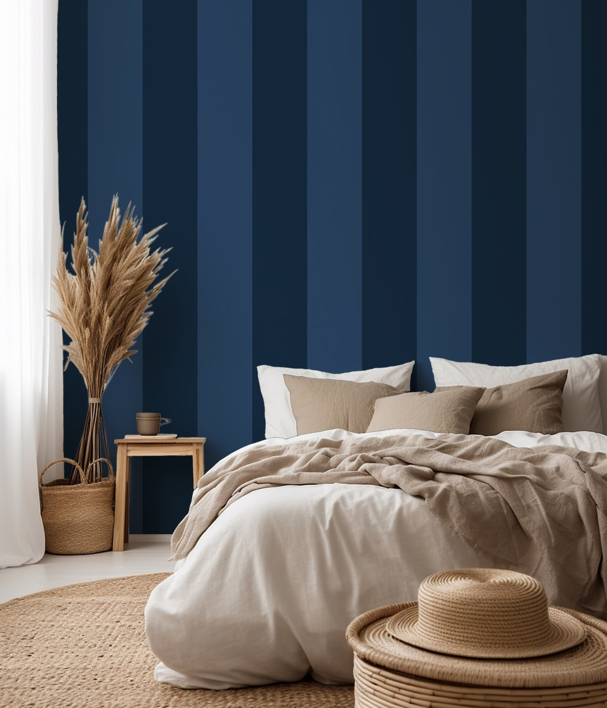 Midnight Navy & Indigo – Extra-Wide Stripe Wallpaper styled in a bedroom