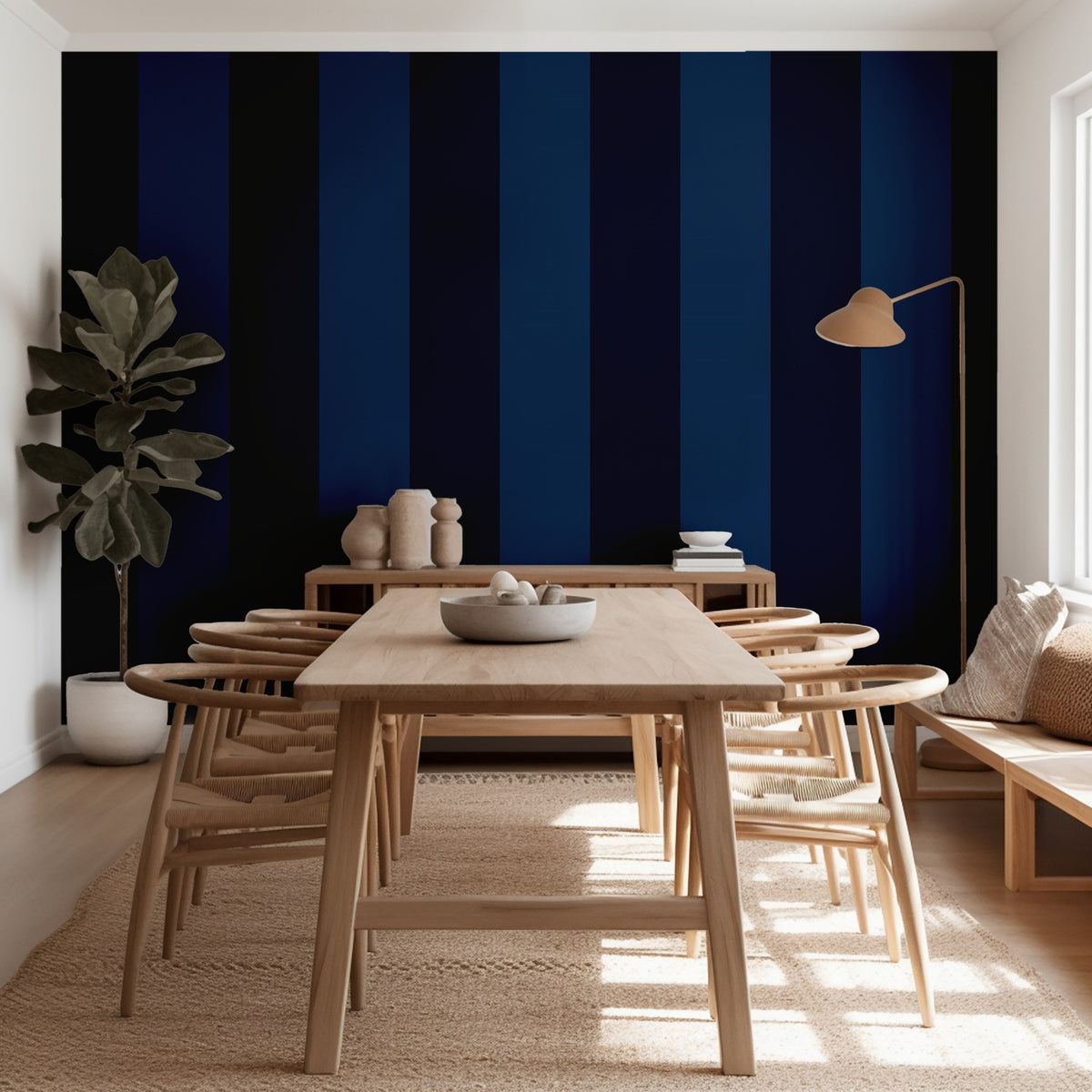 Midnight Navy & Indigo – Extra-Wide Stripe Wallpaper styled in a kitchen and dining room