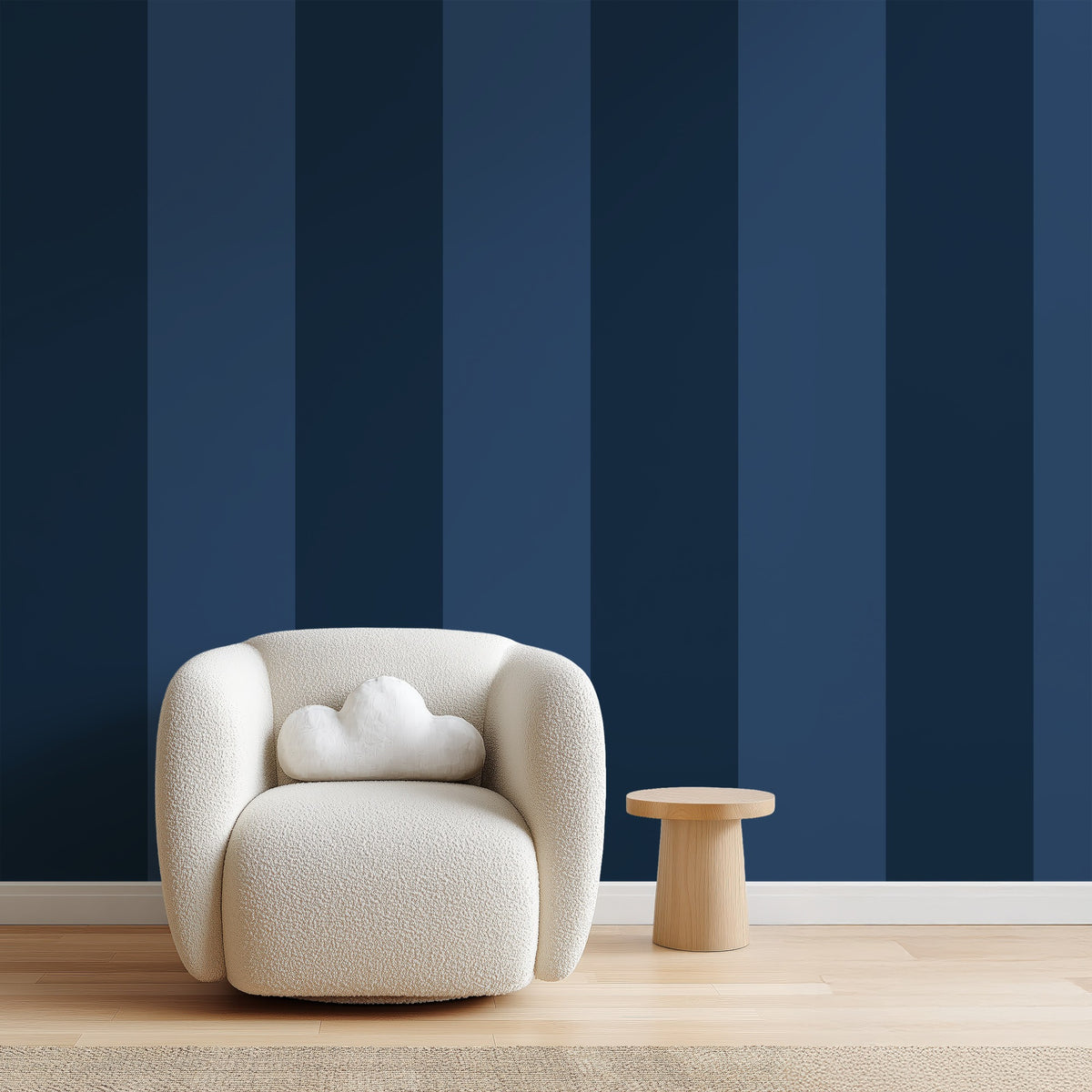 Midnight Navy & Indigo – Extra-Wide Stripe Wallpaper styled in a hallway and home office