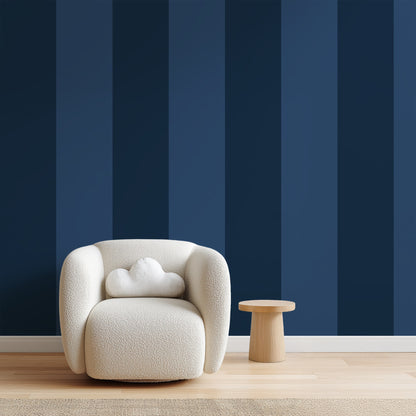 Midnight Navy & Indigo – Extra-Wide Stripe Wallpaper styled in a hallway and home office