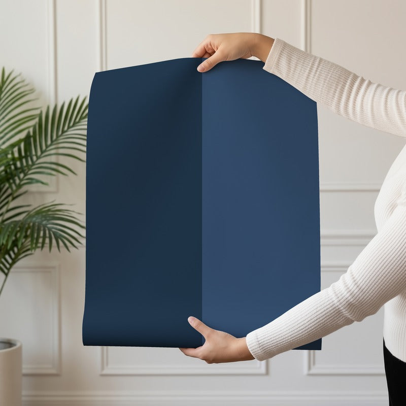 Extra-Wide Stripe Wallpaper roll in Midnight Navy & Indigo – statement, extra-wide stripes on an indigo ground