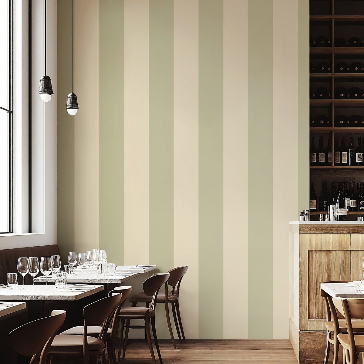 Olive & Warm Sand – Extra-Wide Stripe Wallpaper styled in a boutique hotel and hospitality space