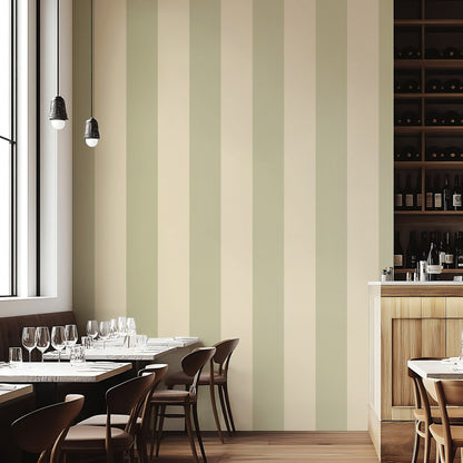 Olive & Warm Sand – Extra-Wide Stripe Wallpaper styled in a boutique hotel and hospitality space