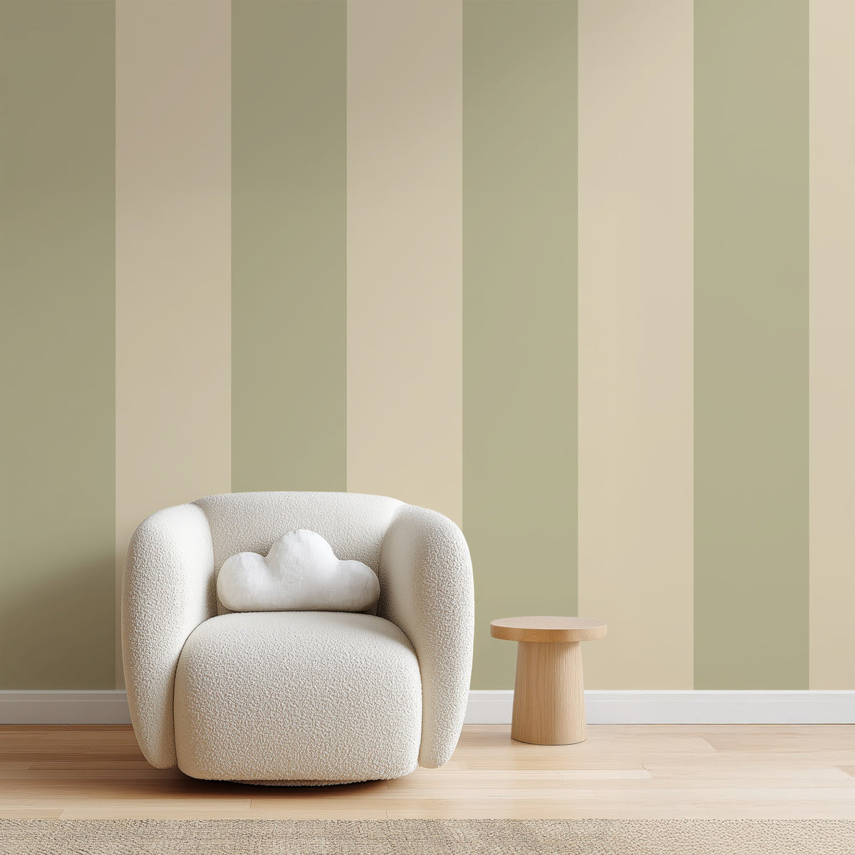 Olive & Warm Sand – Extra-Wide Stripe Wallpaper styled in a living room