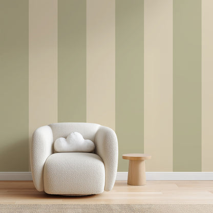 Olive & Warm Sand – Extra-Wide Stripe Wallpaper styled in a living room