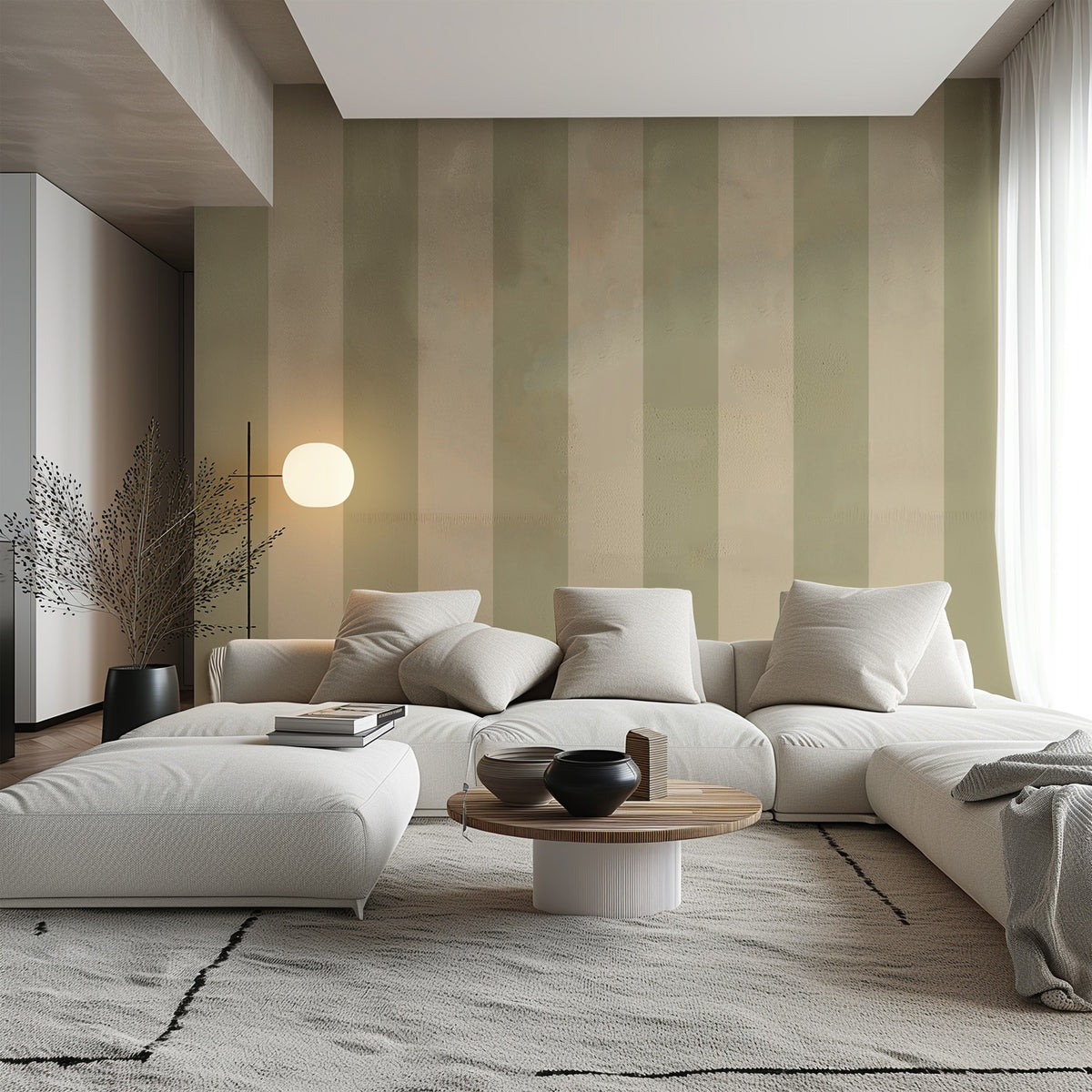 Olive & Warm Sand – Extra-Wide Stripe Wallpaper styled in a living room