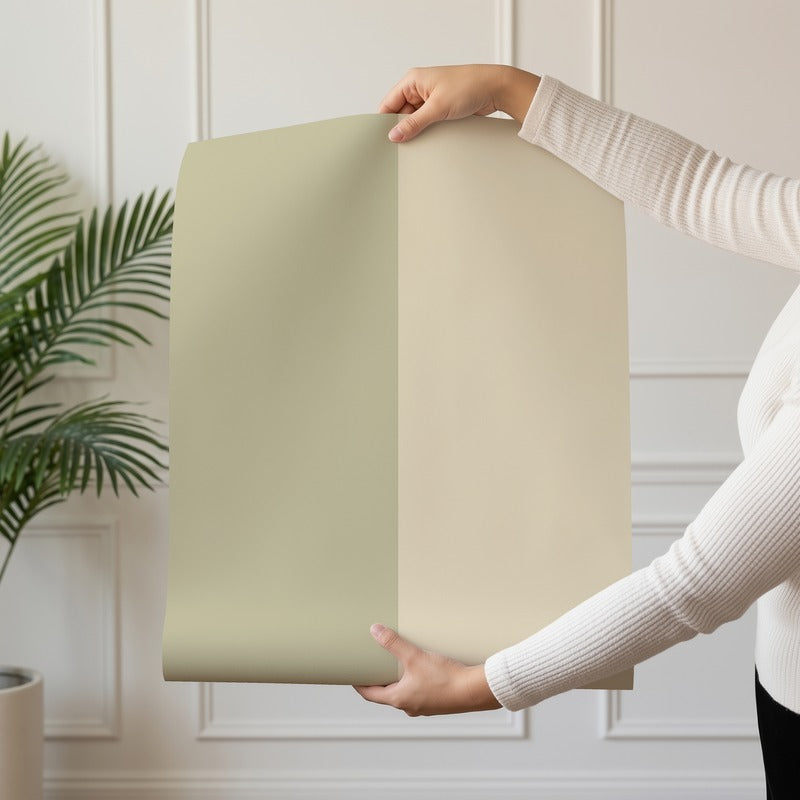 Extra-Wide Stripe Wallpaper roll in Olive & Warm Sand – statement, extra-wide stripes on a warm sand ground