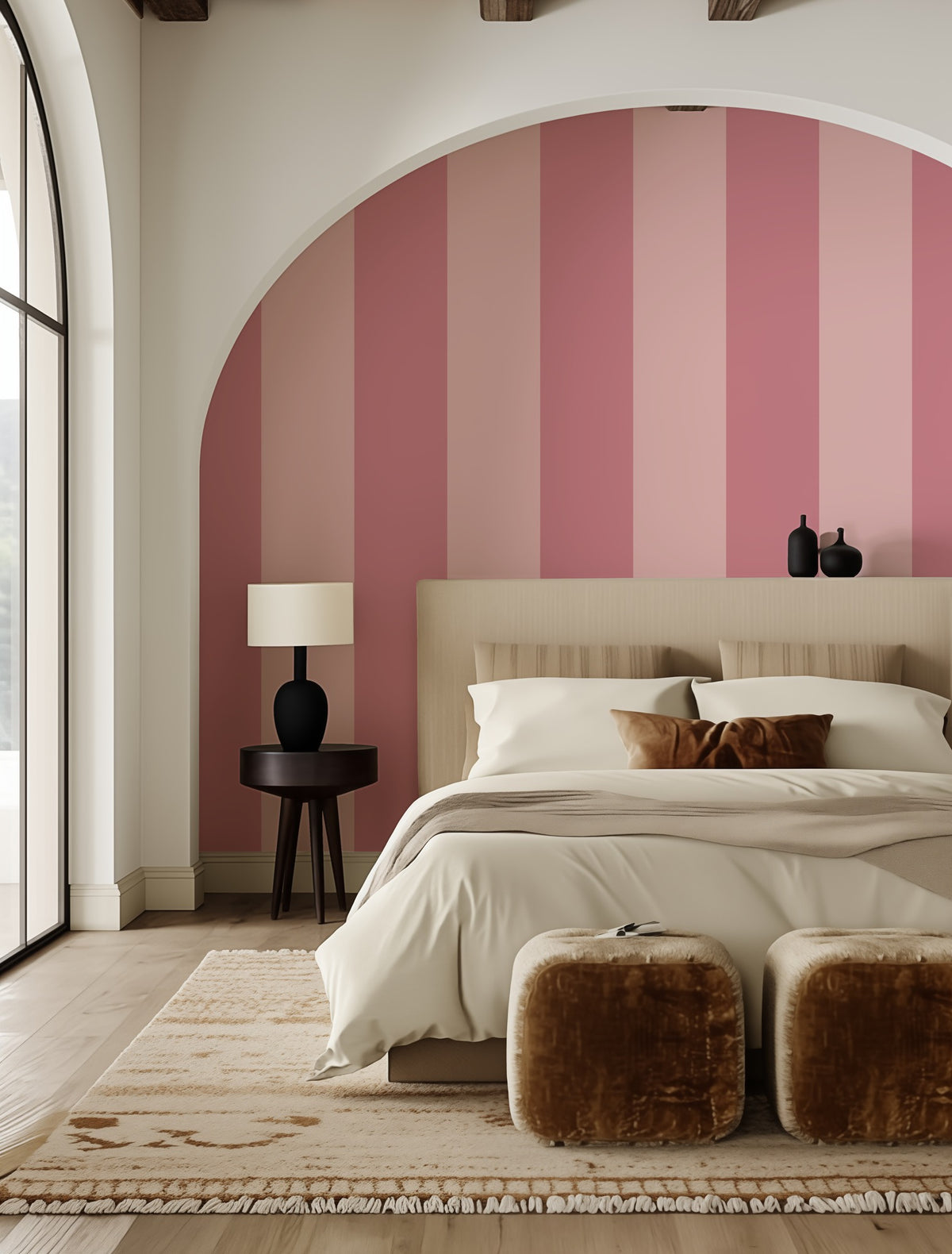 Rose Petal & Soft Blush – Extra-Wide Stripe Wallpaper styled in a bedroom