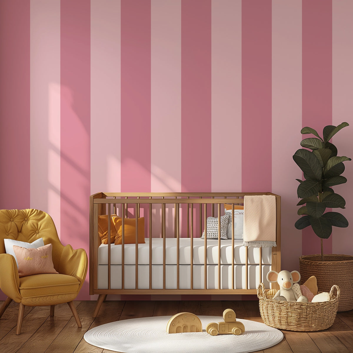 Rose Petal & Soft Blush – Extra-Wide Stripe Wallpaper styled in a kids' room and nursery