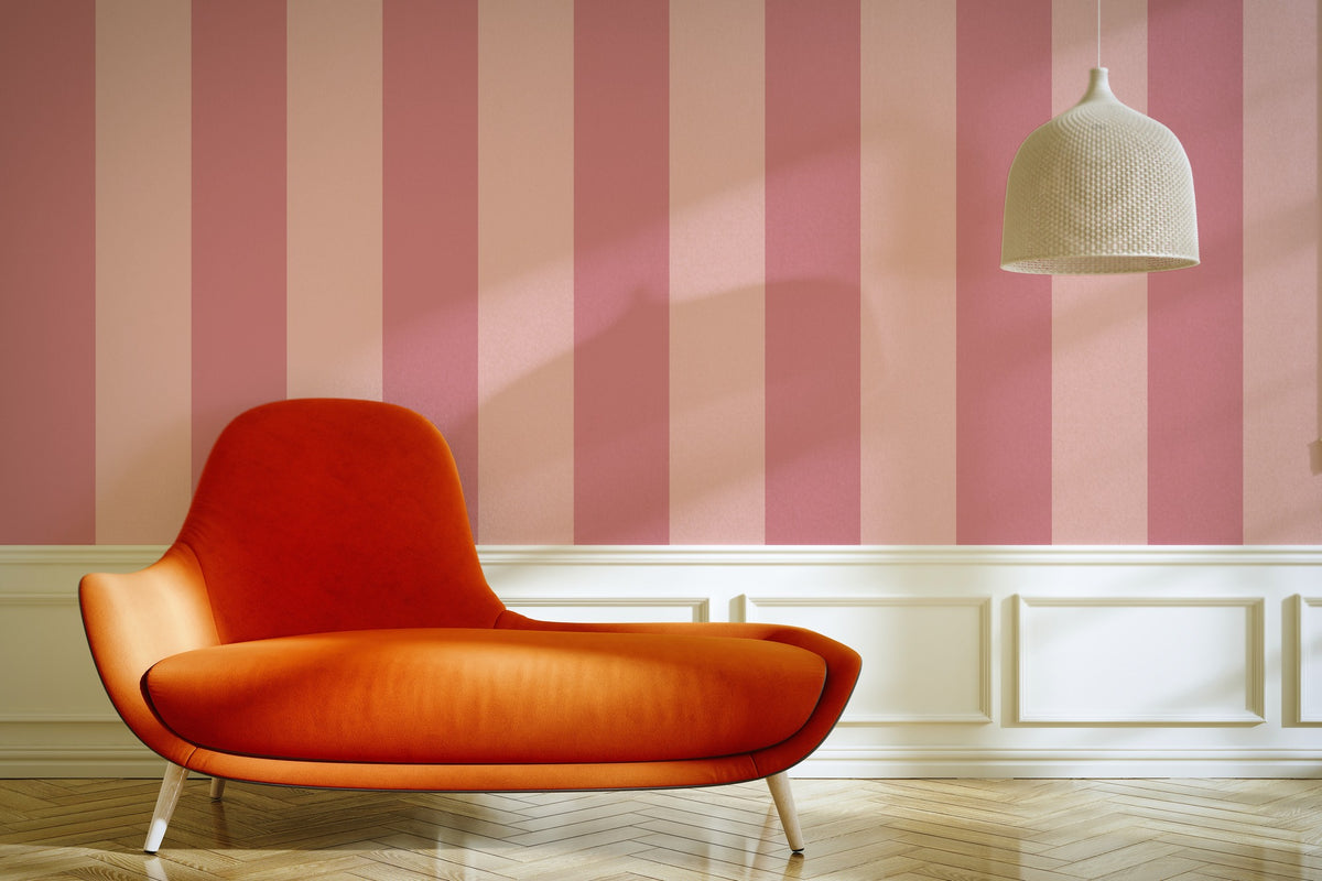 Rose Petal & Soft Blush – Extra-Wide Stripe Wallpaper styled in a living room