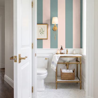 Sage Grey & Apricot Blush – Extra-Wide Stripe Wallpaper styled in a bathroom