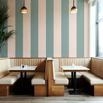 Sage Grey & Apricot Blush – Extra-Wide Stripe Wallpaper styled in a boutique hotel and hospitality space