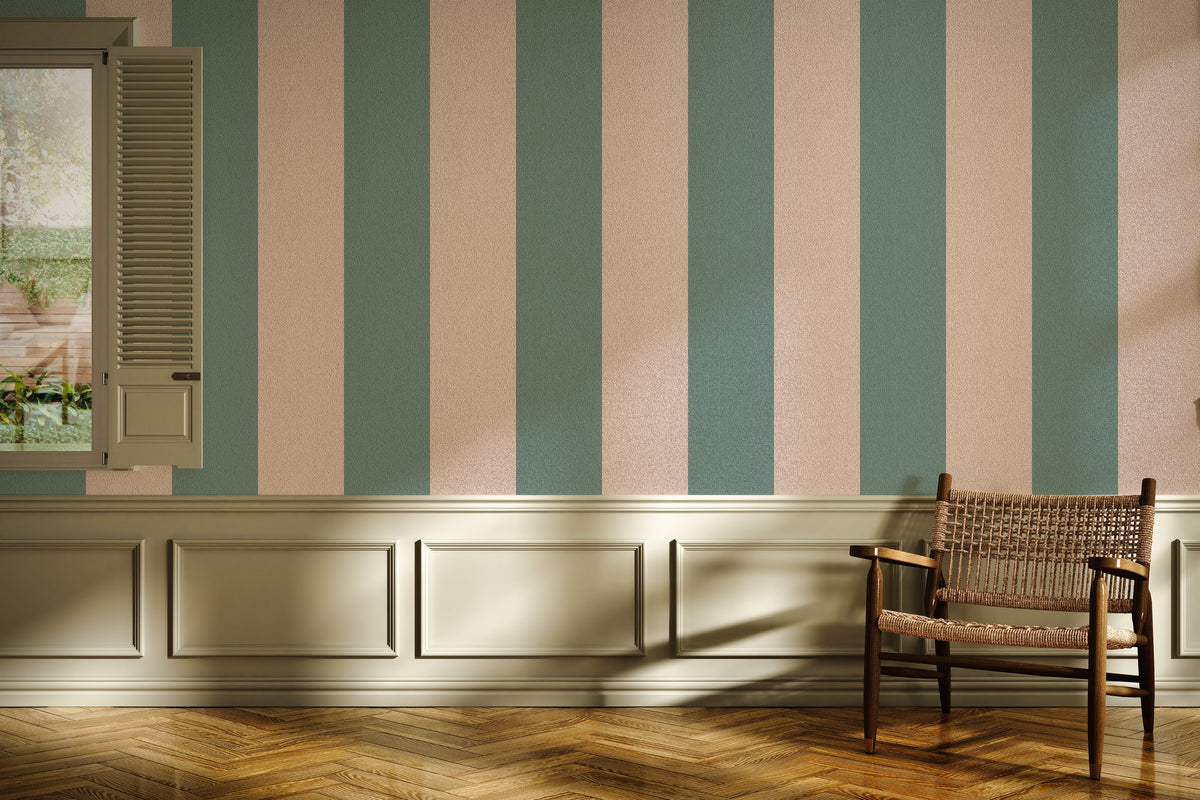 Sage Grey & Apricot Blush – Extra-Wide Stripe Wallpaper styled in a living room