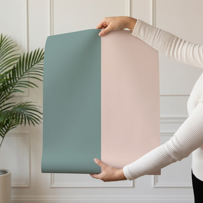 Extra-Wide Stripe Wallpaper roll in Sage Grey & Apricot Blush – statement, extra-wide stripes on an apricot blush ground