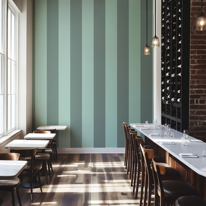 Sage Grey & Sea Mint – Extra-Wide Stripe Wallpaper styled in a boutique hotel and hospitality space