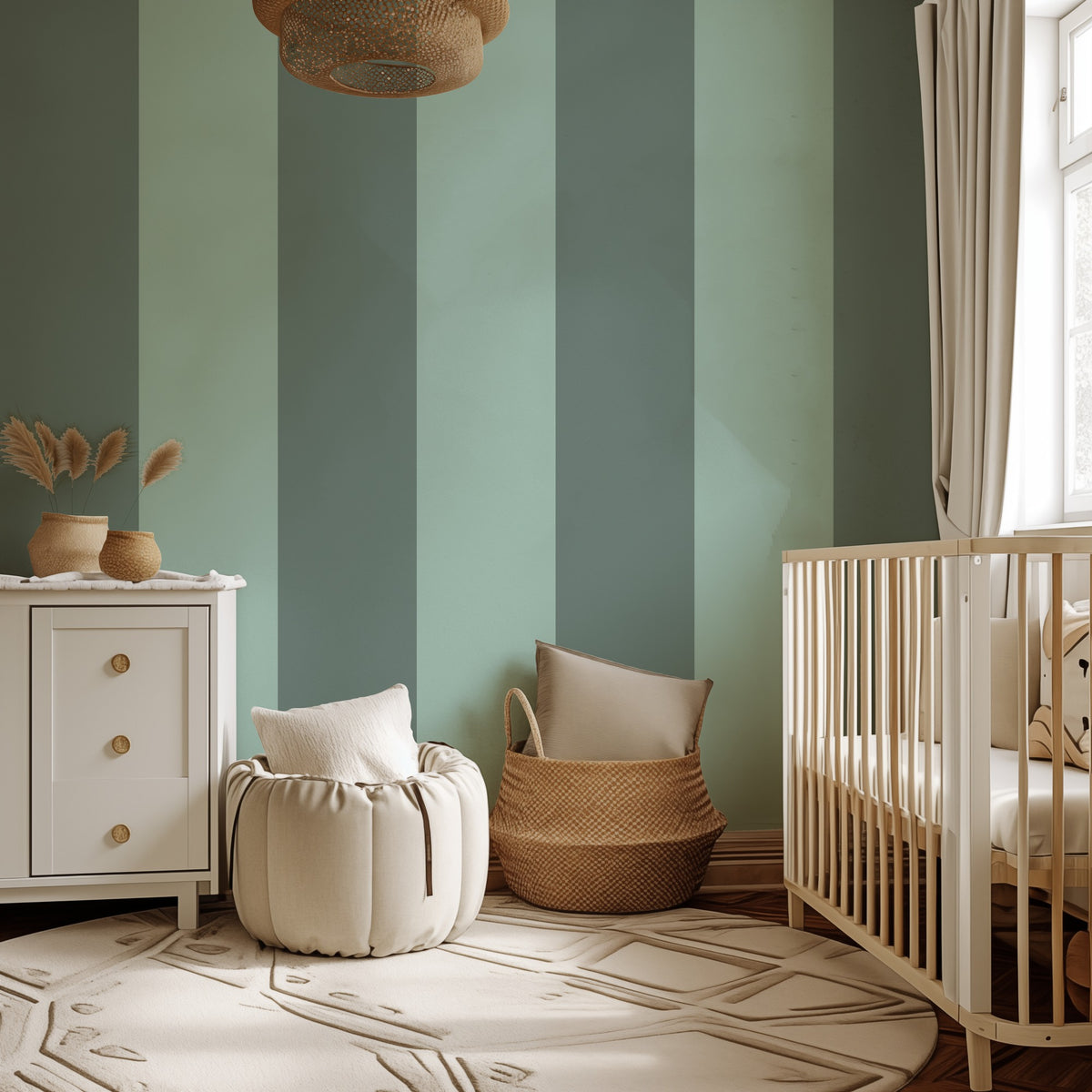 Sage Grey & Sea Mint – Extra-Wide Stripe Wallpaper styled in a kids' room and nursery