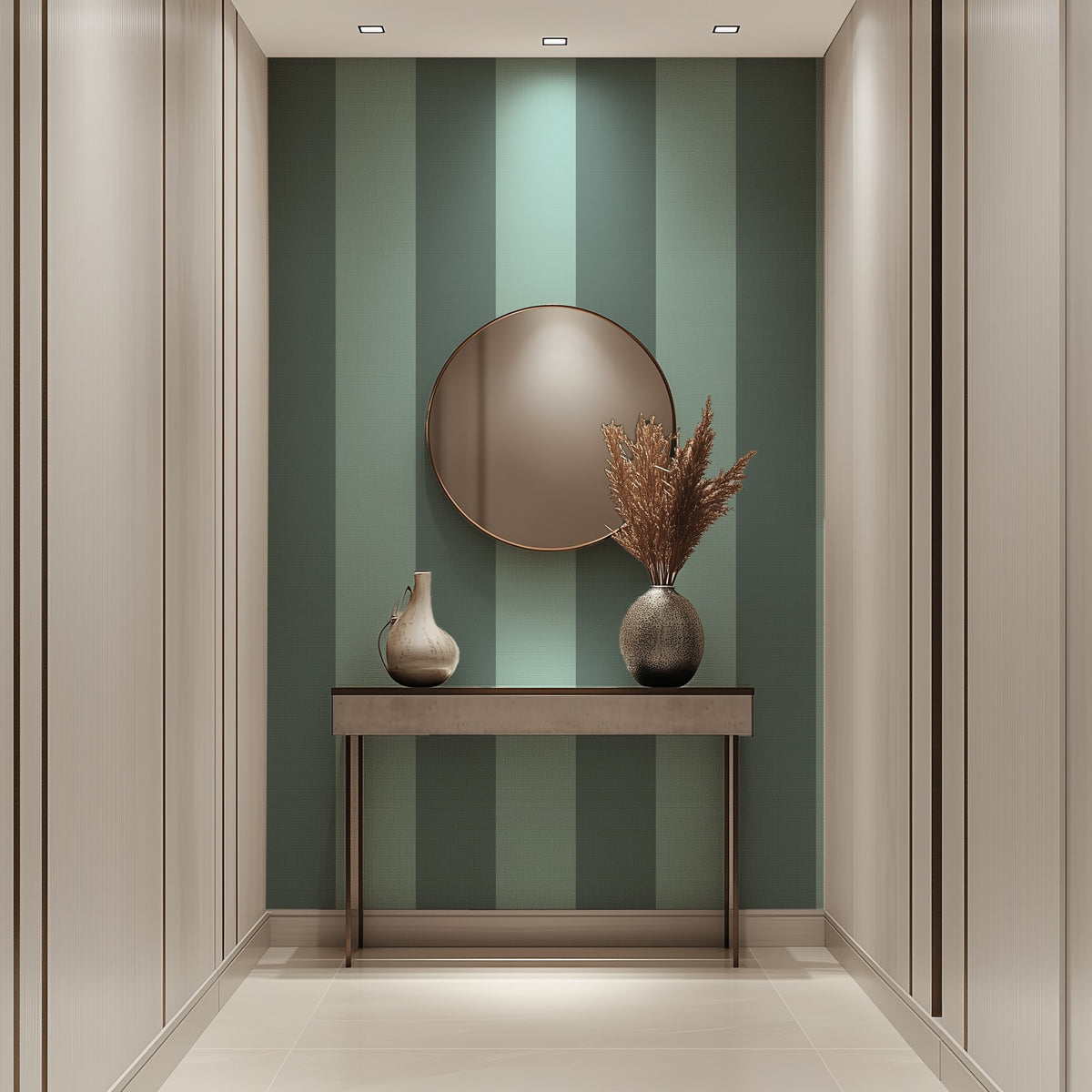 Sage Grey & Sea Mint – Extra-Wide Stripe Wallpaper styled in a hallway and home office